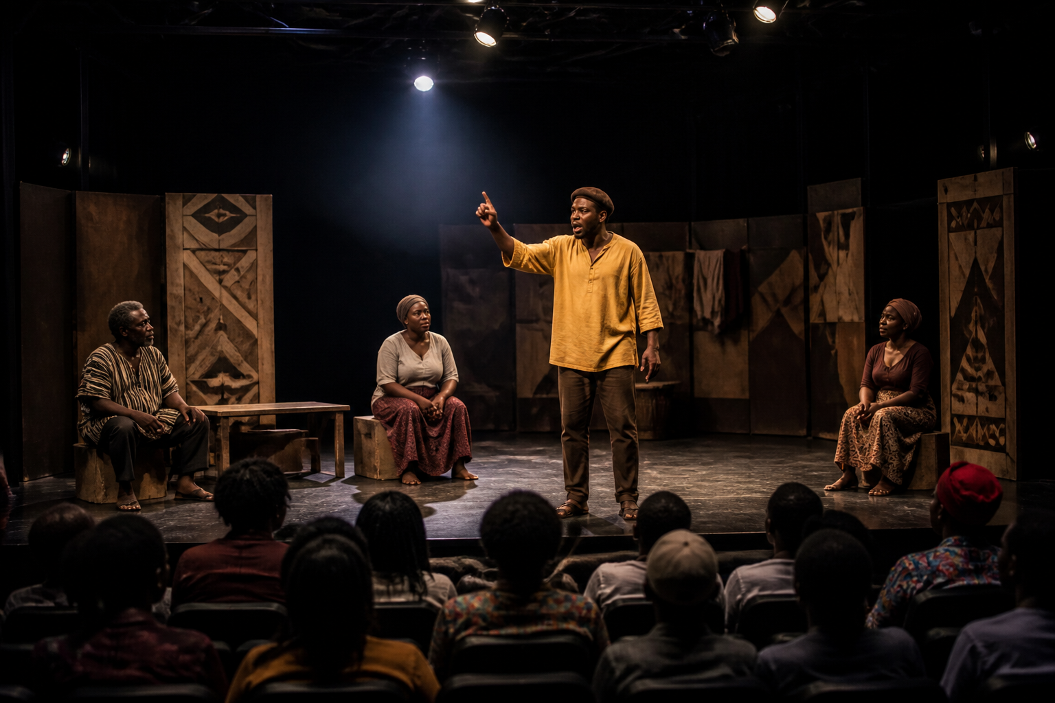 Actors perform on a stage with an audience visible in the foreground, representing the vibrant Ugandan theatre tradition that Alex Mukulu helped to shape.
