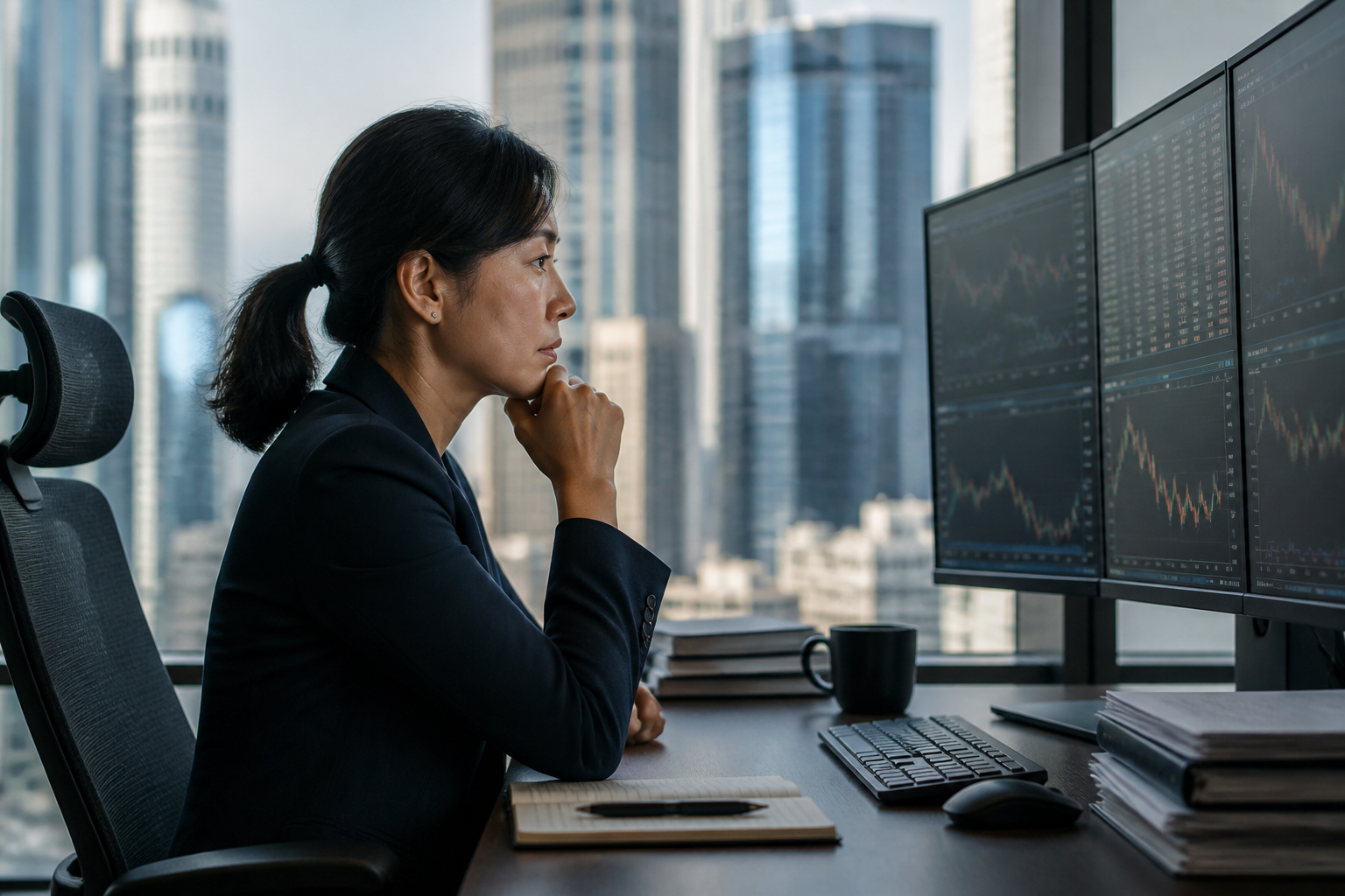 A financial professional observes multiple monitors displaying market data, reflecting on investment strategies amidst fixed-income volatility.