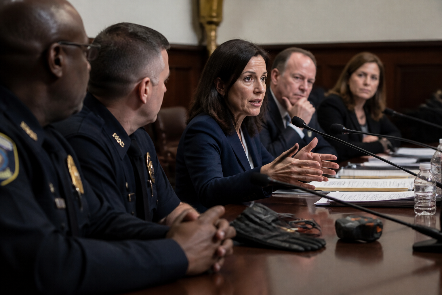 A woman addresses a panel of law enforcement officials and others at a meeting, with a pair of gloves visible on the table, relating to the debate over wearable electric-shock technology.