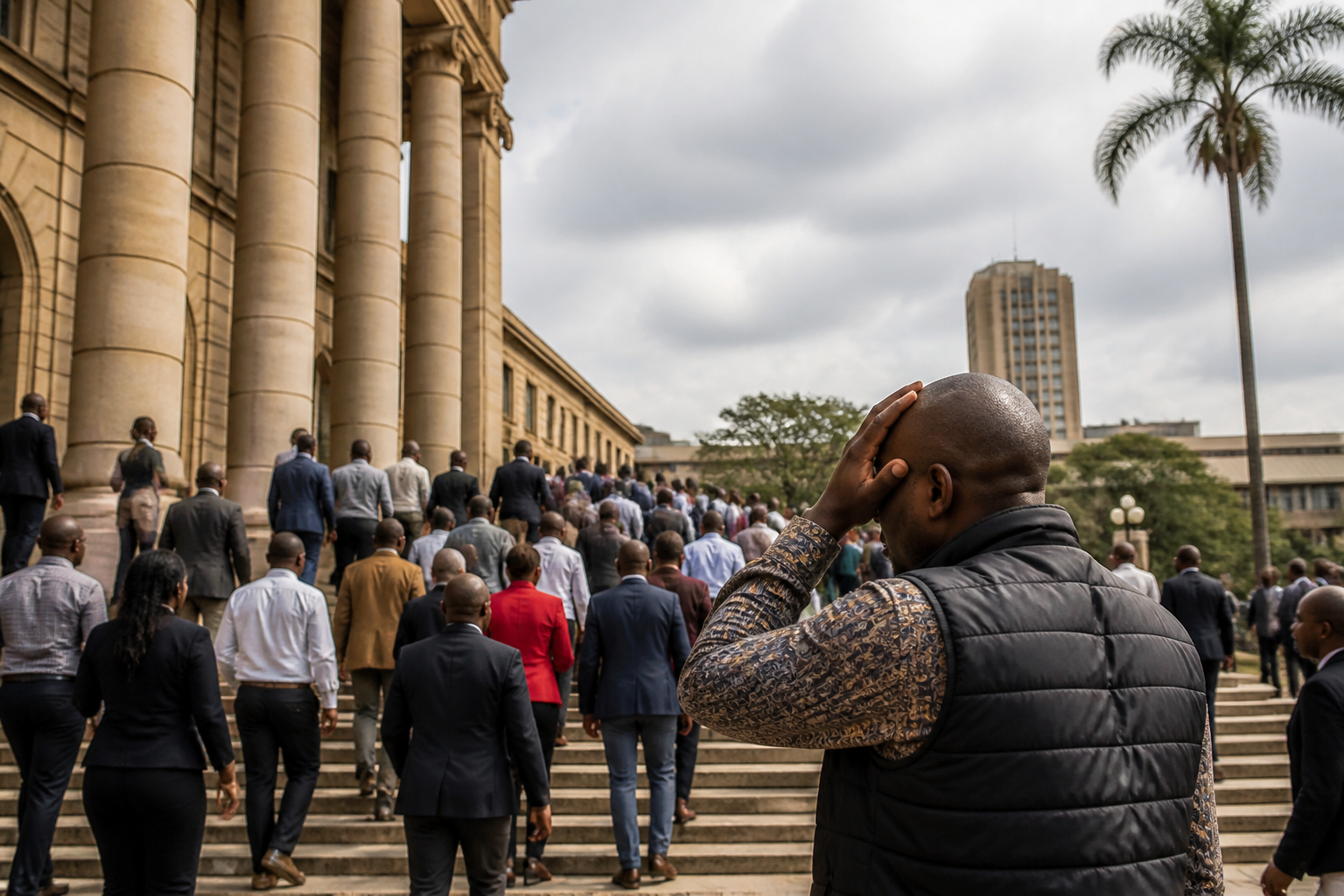 A man holds his hand to his forehead while others walk up steps towards a large building with columns, symbolizing the political turmoil discussed in the article.