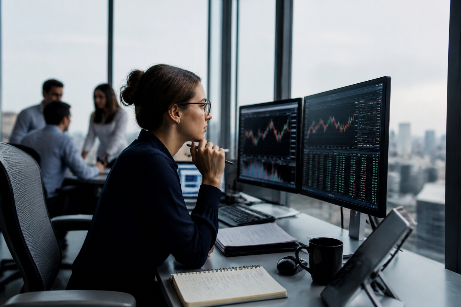 A woman analyzes financial market data on multiple screens, reflecting the scrutiny involved in institutional investment strategies, including tech and cyclical sectors.