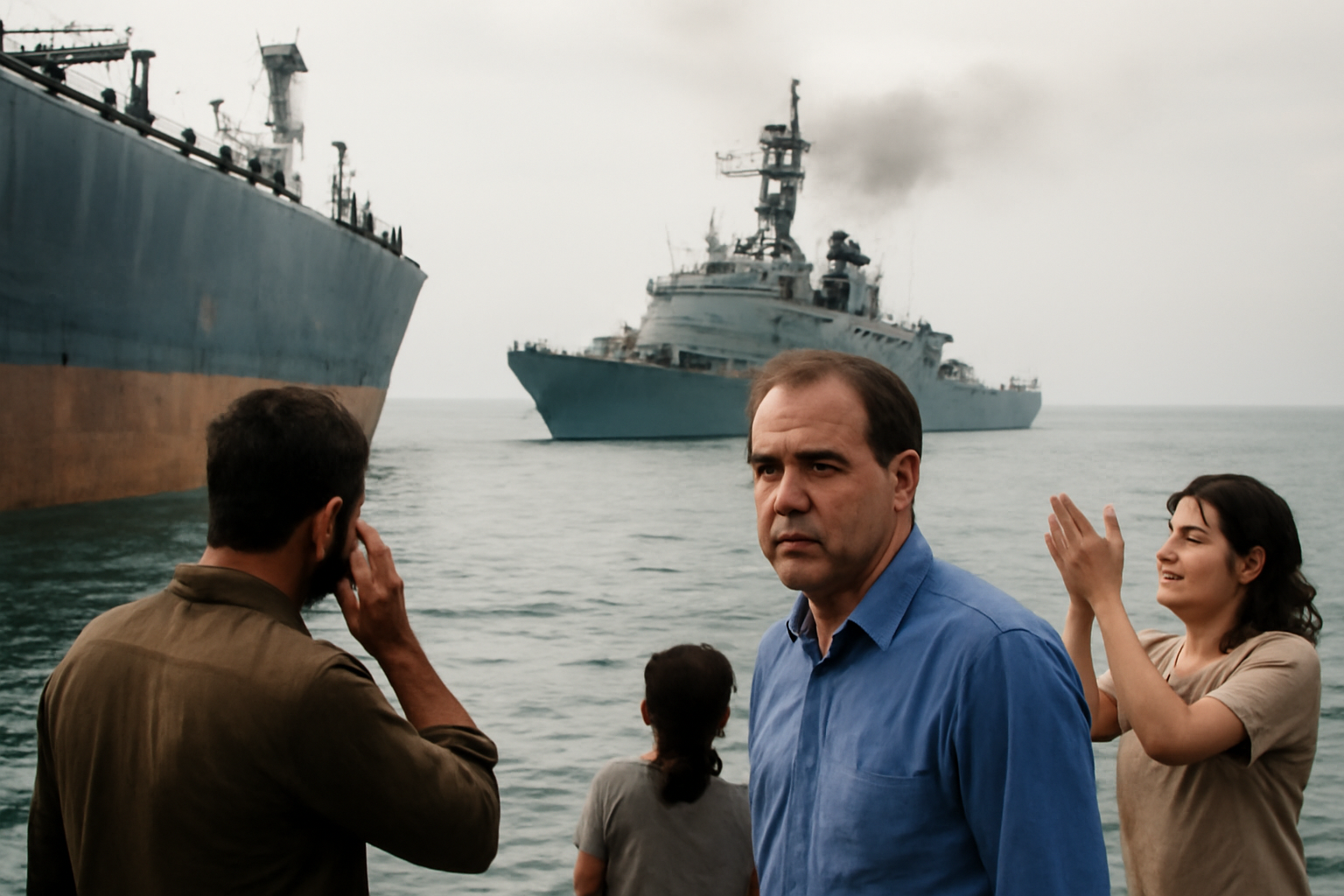 People stand near the water as two large ships, one emitting smoke, pass by, evoking the Strait Standoff and US Fuel Crisis topics.