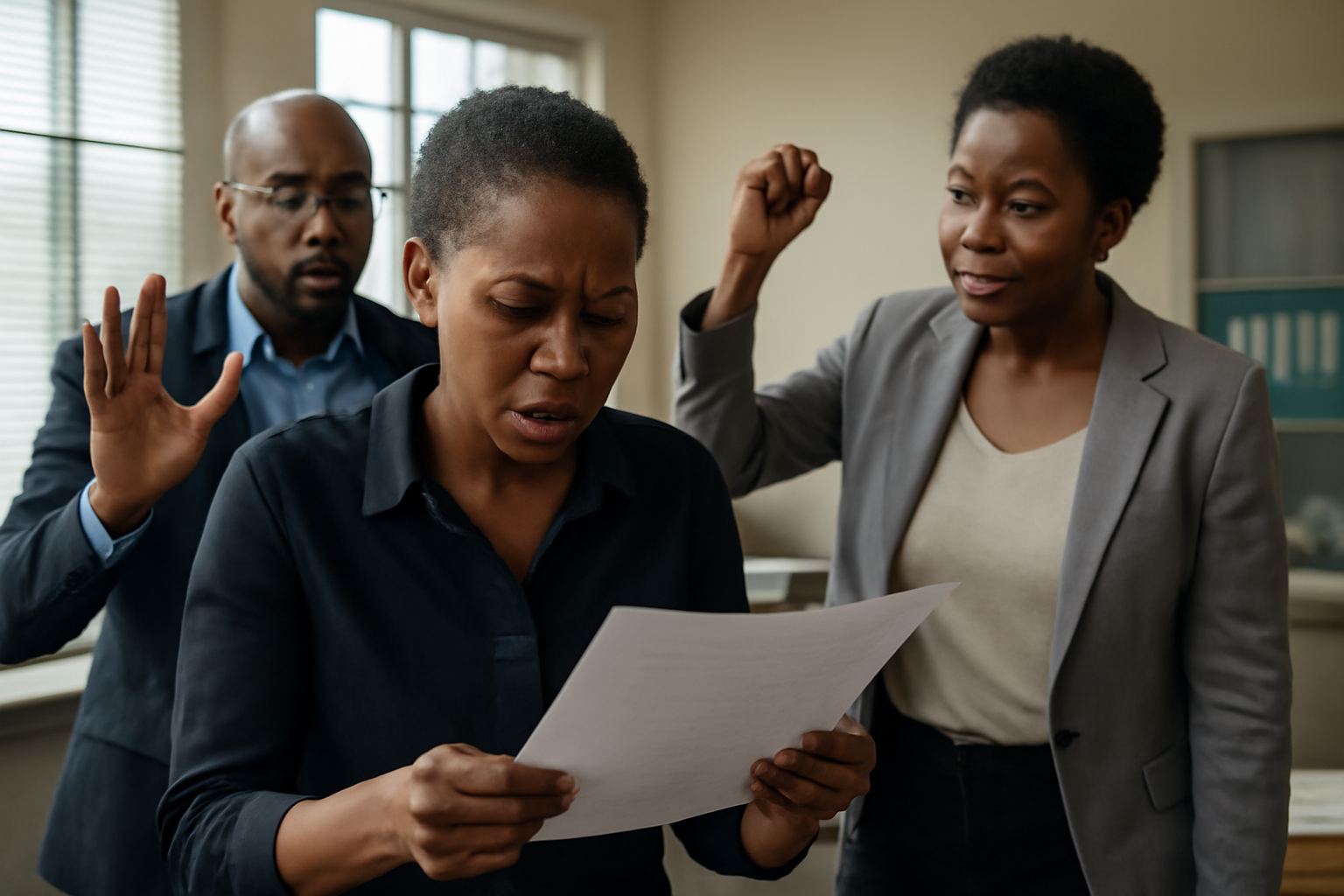 A distressed woman holds a document while another woman raises a fist and a man gestures defensively, depicting a tense office conflict relevant to governance issues.