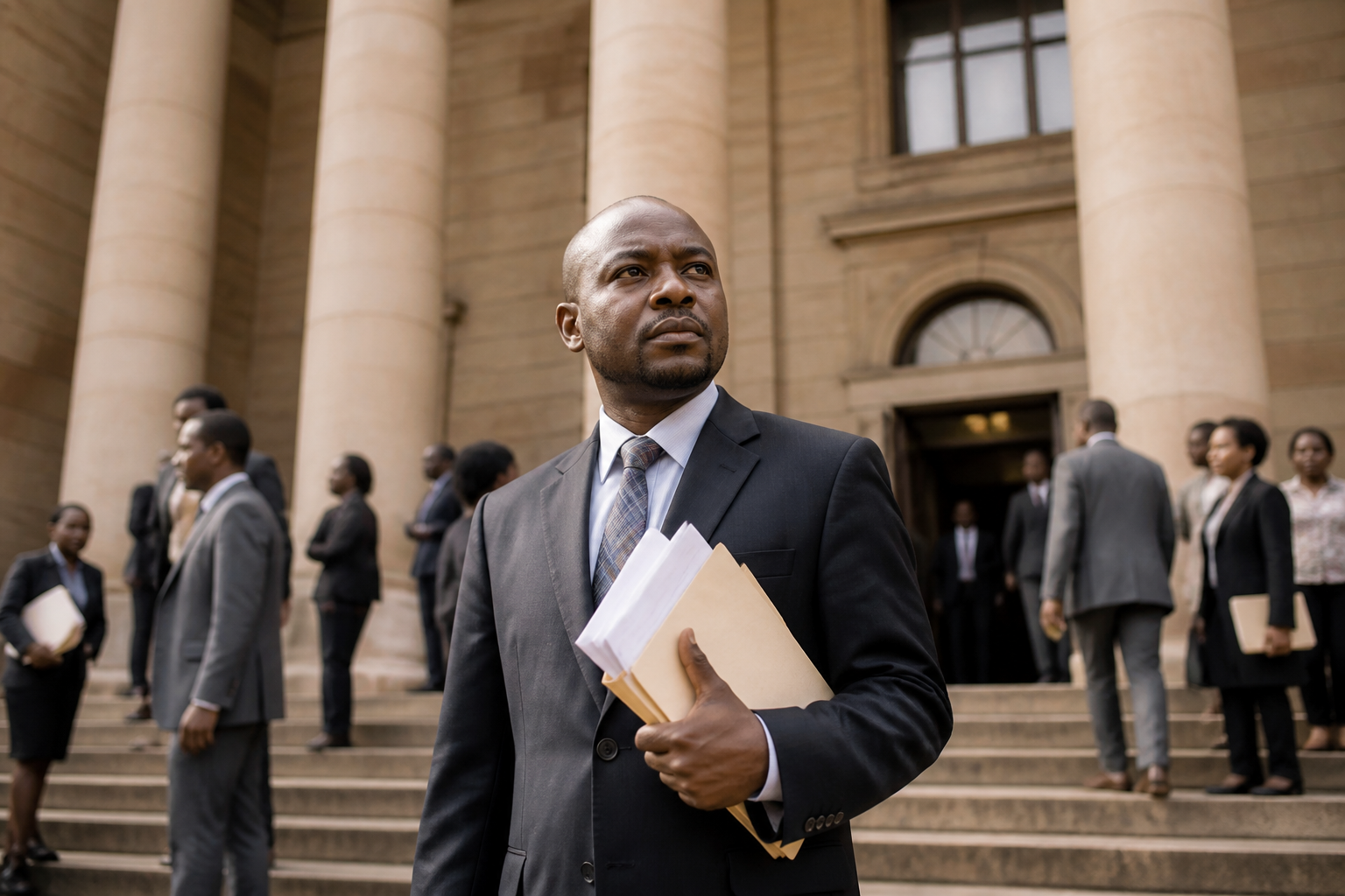 A man in a suit holds files on the steps of a building, likely a courthouse or government office, reflecting the legal challenges surrounding erroneous credit listings.