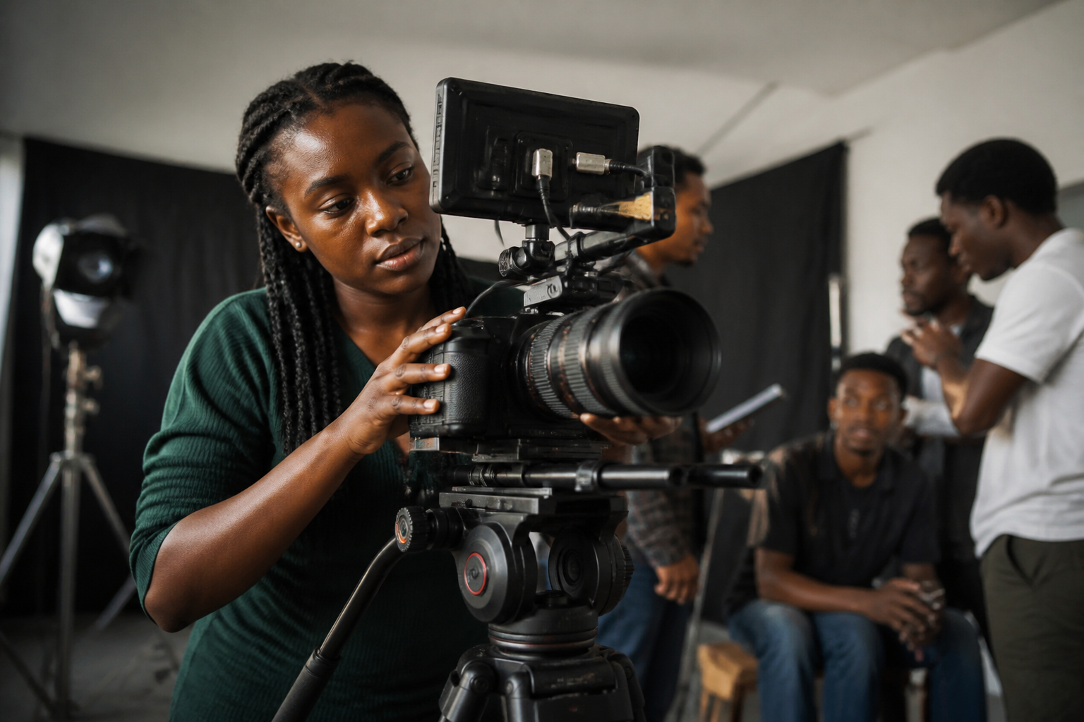 A young woman adjusts a film camera in a studio setting with other students in the background, illustrating efforts to bridge Kenya’s film training gap.