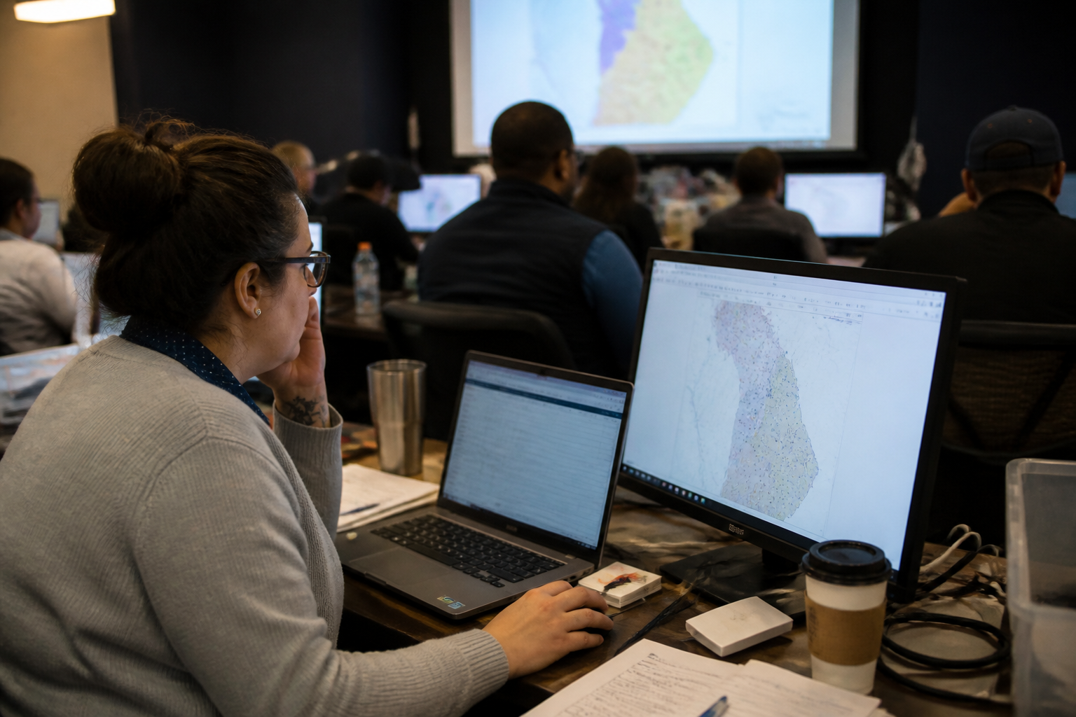 An election data analyst monitors a computer screen displaying a map with precincts, as others work in the background, likely tracking Michigan primary results.