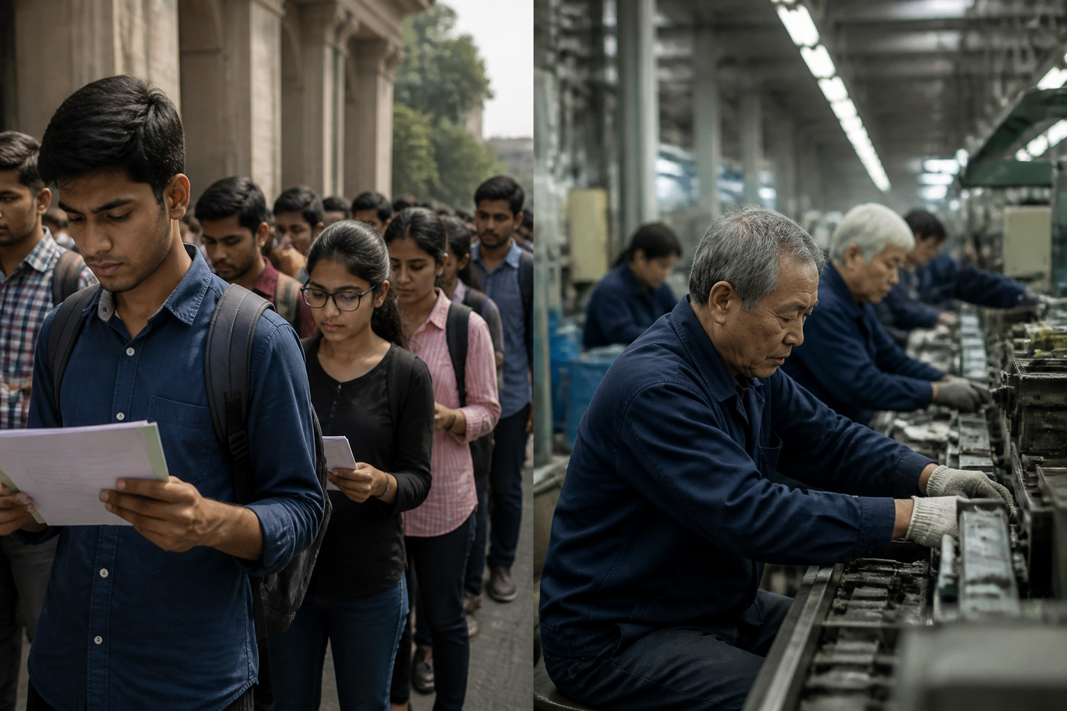 Young people with papers stand in a line, while older workers operate machinery in a factory, illustrating India's youth bulge and China's aging workforce challenges.