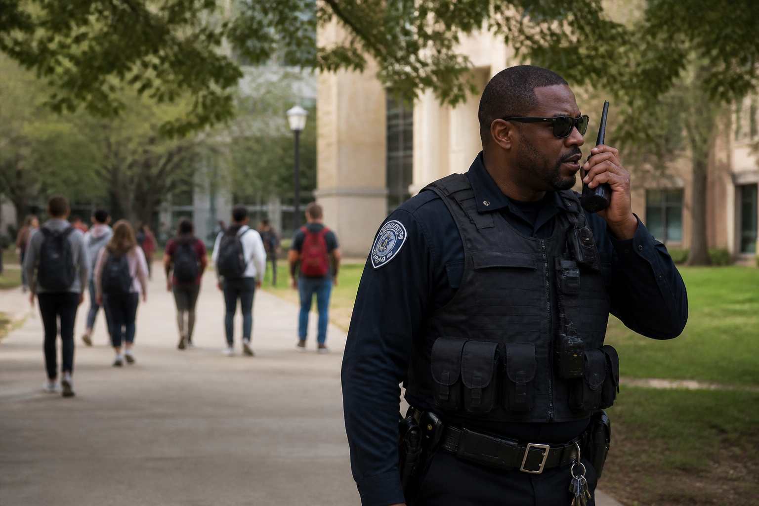 A campus police officer wearing a tactical vest communicates via radio while students walk in the background, illustrating law enforcement's role in university security protocols.