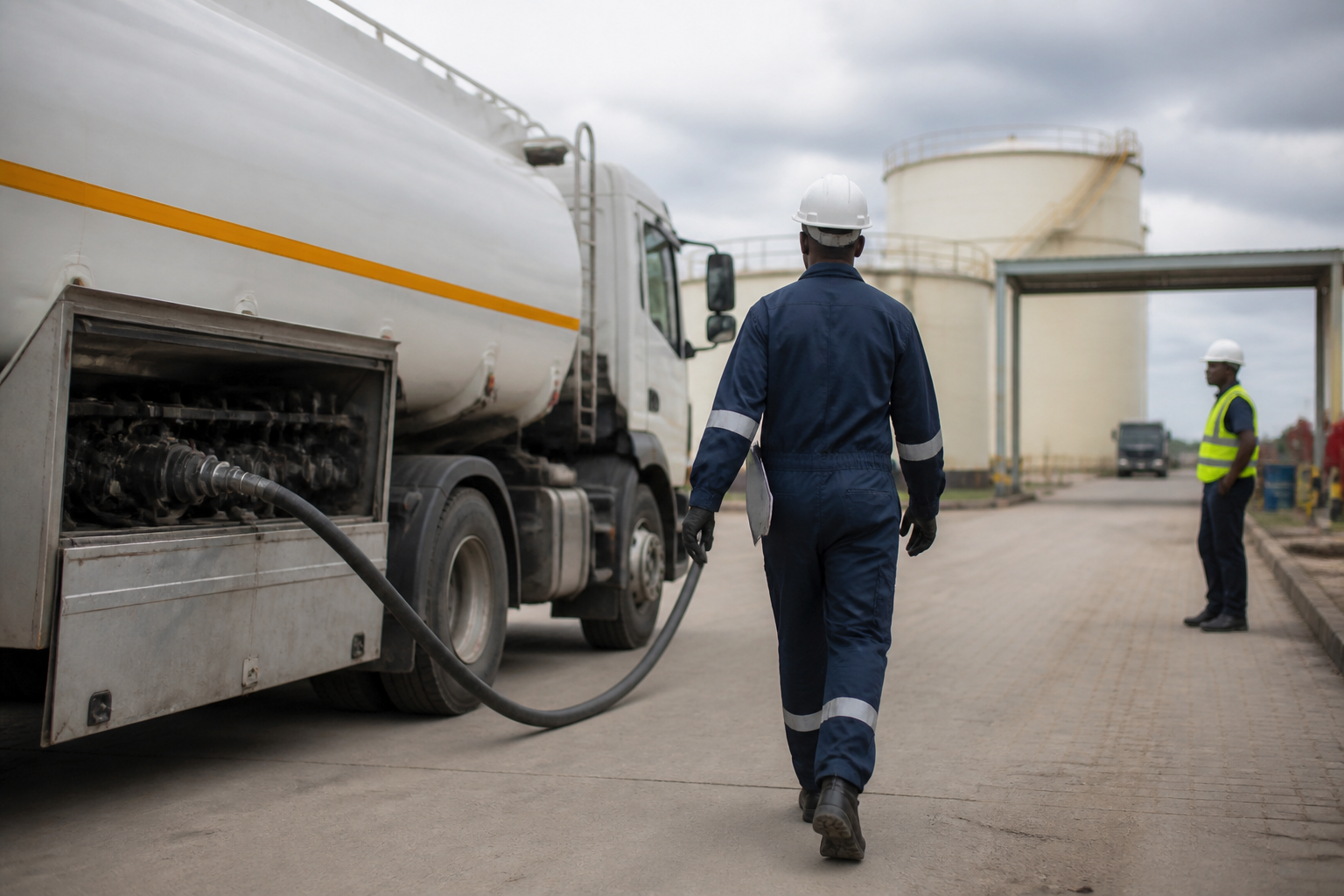 Workers in safety gear attend to a fuel tanker connected to hoses at a facility with large storage tanks, illustrating state energy interventions.