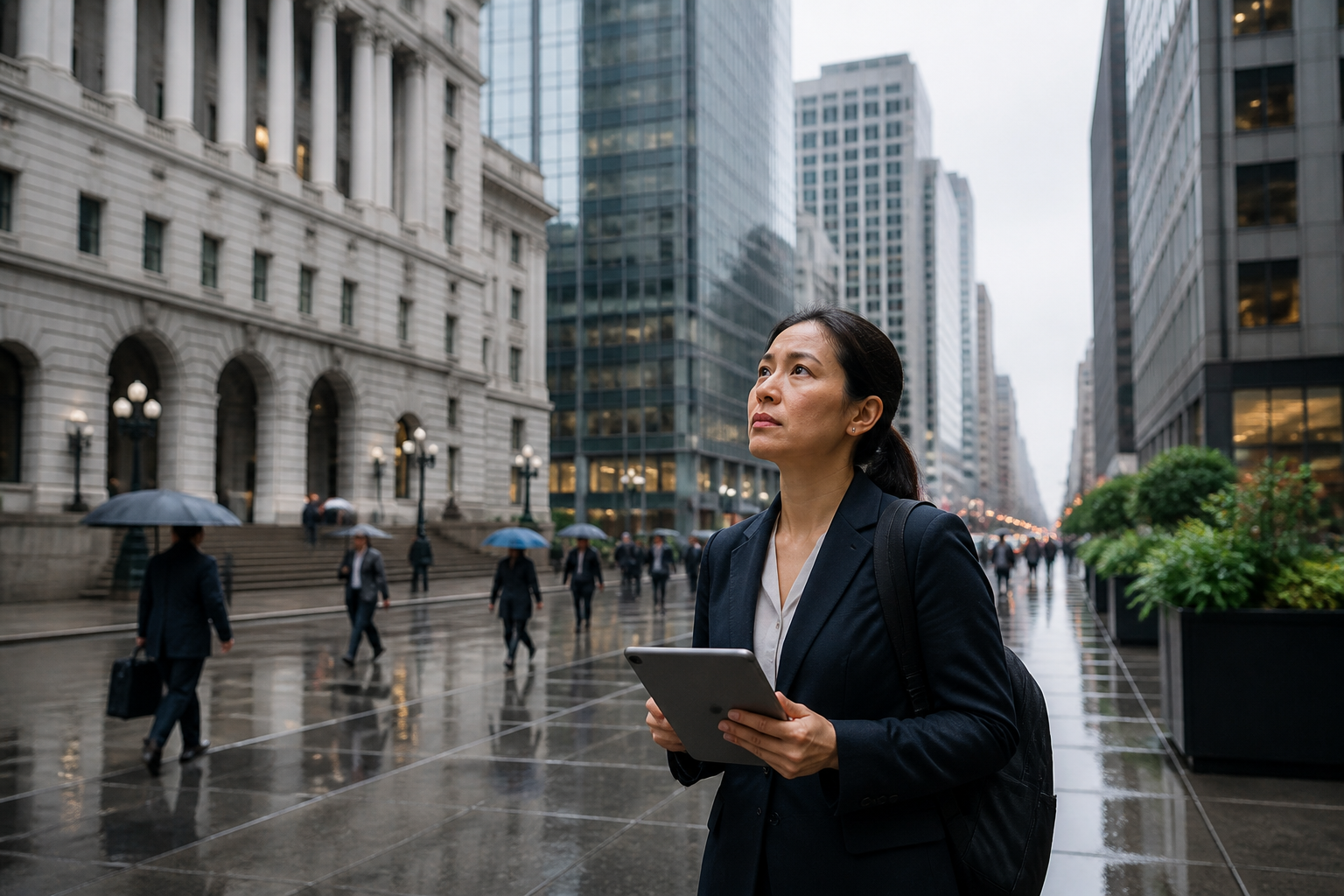 A businesswoman holding a tablet stands on a wet city street, with classical and modern buildings behind her, reflecting the complex environment businesses navigate.
