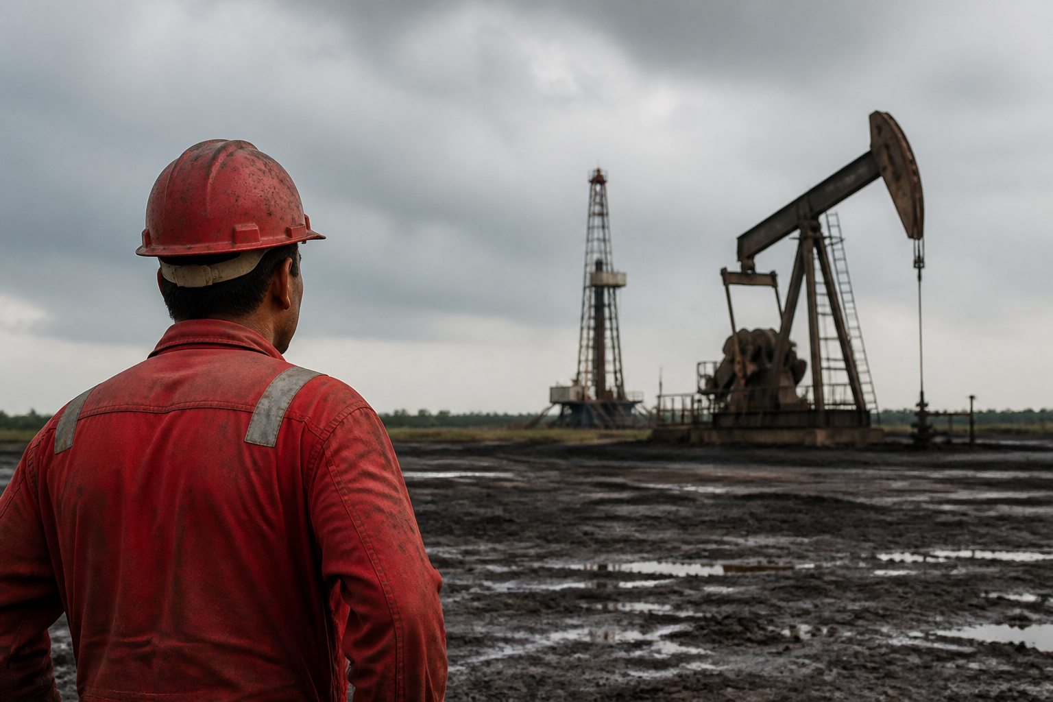 A worker in a red hard hat and coveralls surveys a muddy oil field with a pumpjack and drilling rig under a cloudy sky, reflecting challenges in Venezuela's oil sector.