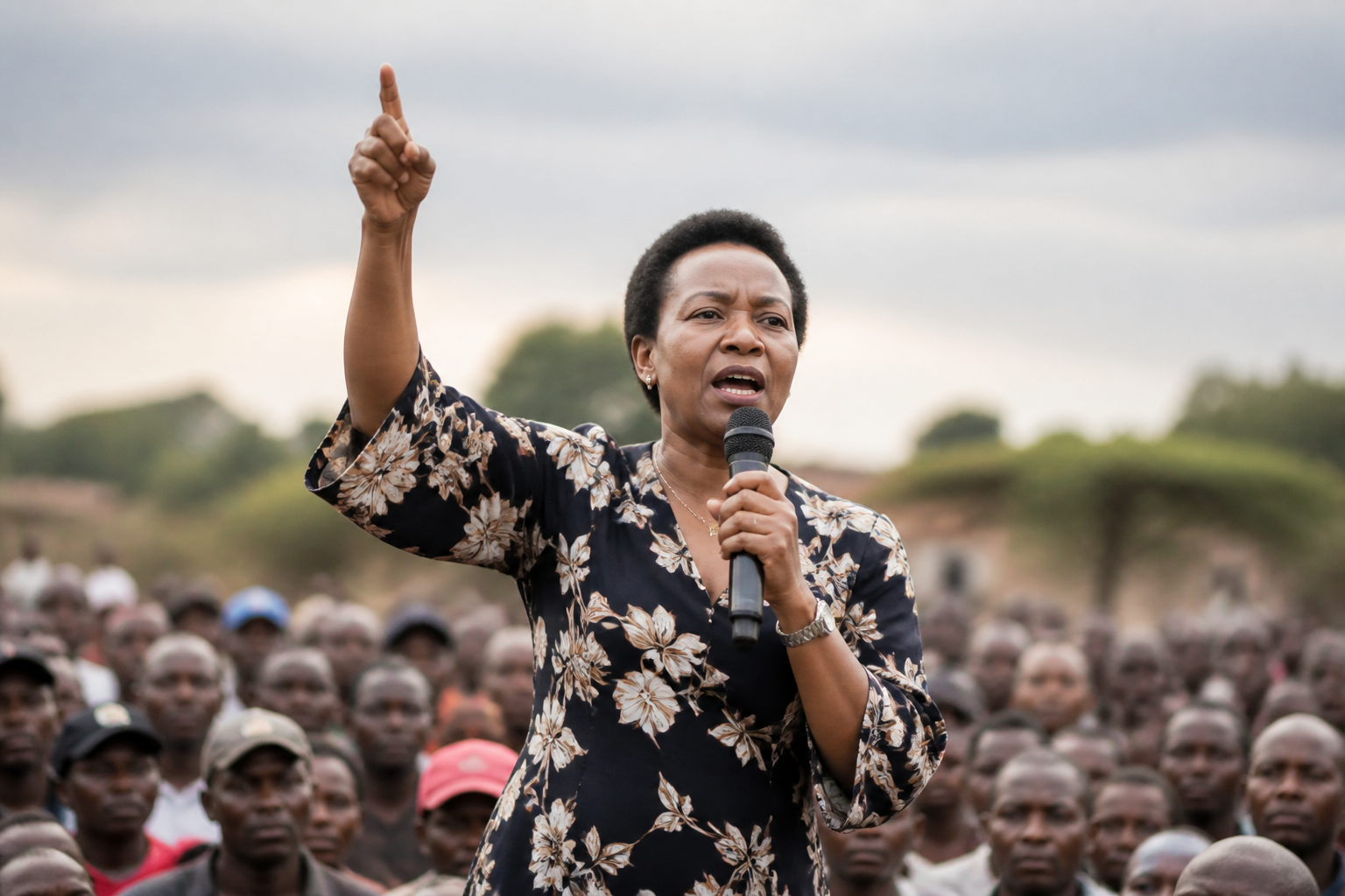 Kenyan politician Martha Karua addresses a crowd during a political rally, raising her hand while speaking into a microphone.