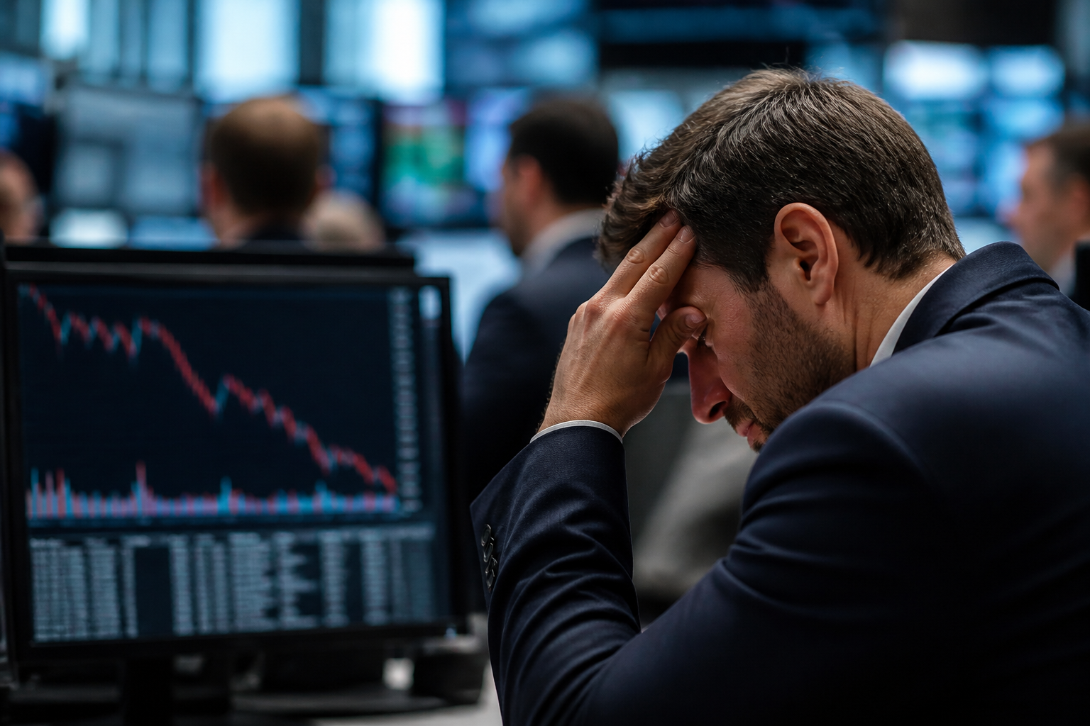 A man with his hand on his head views a financial chart displaying a downward trend, reflecting a stock market downturn.