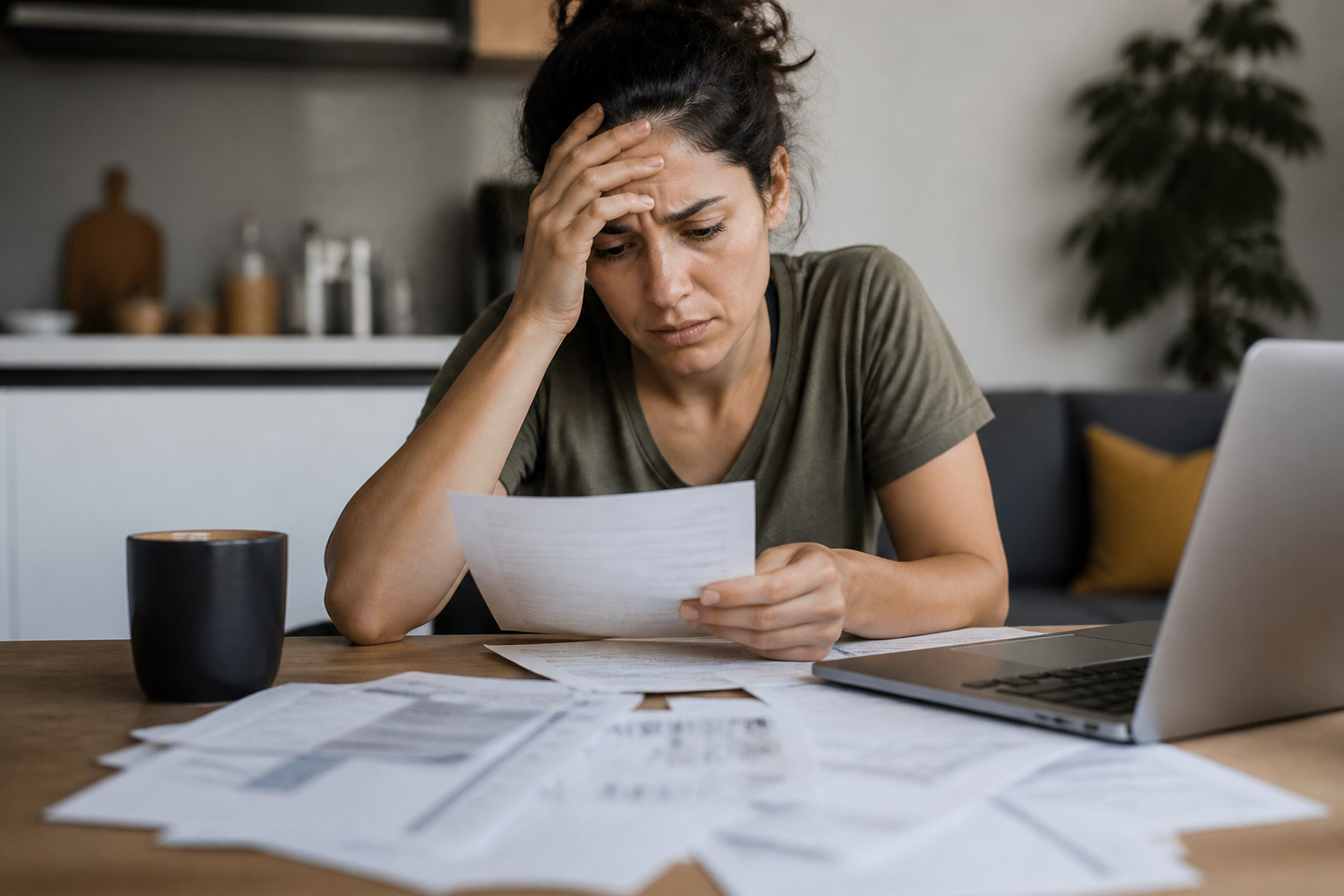 A woman holds her head in frustration while reviewing bills and documents scattered on a table, illustrating the burden of unexpected payments.