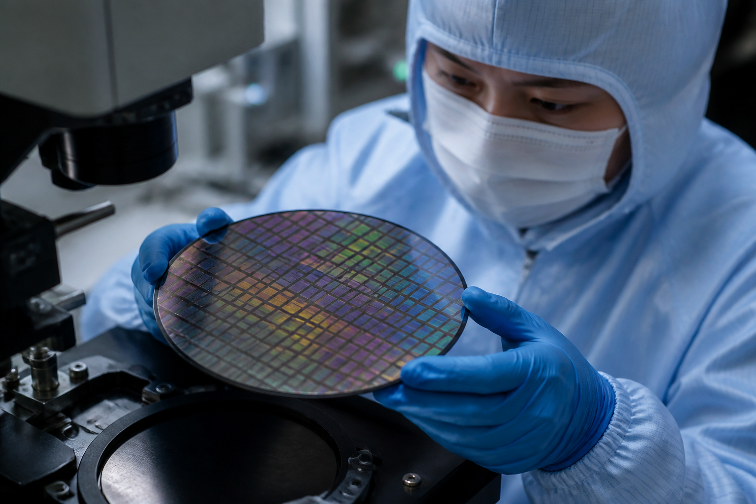 A semiconductor engineer in protective gear inspects a silicon wafer, a key component in advanced chip manufacturing, representing developments in chip production.