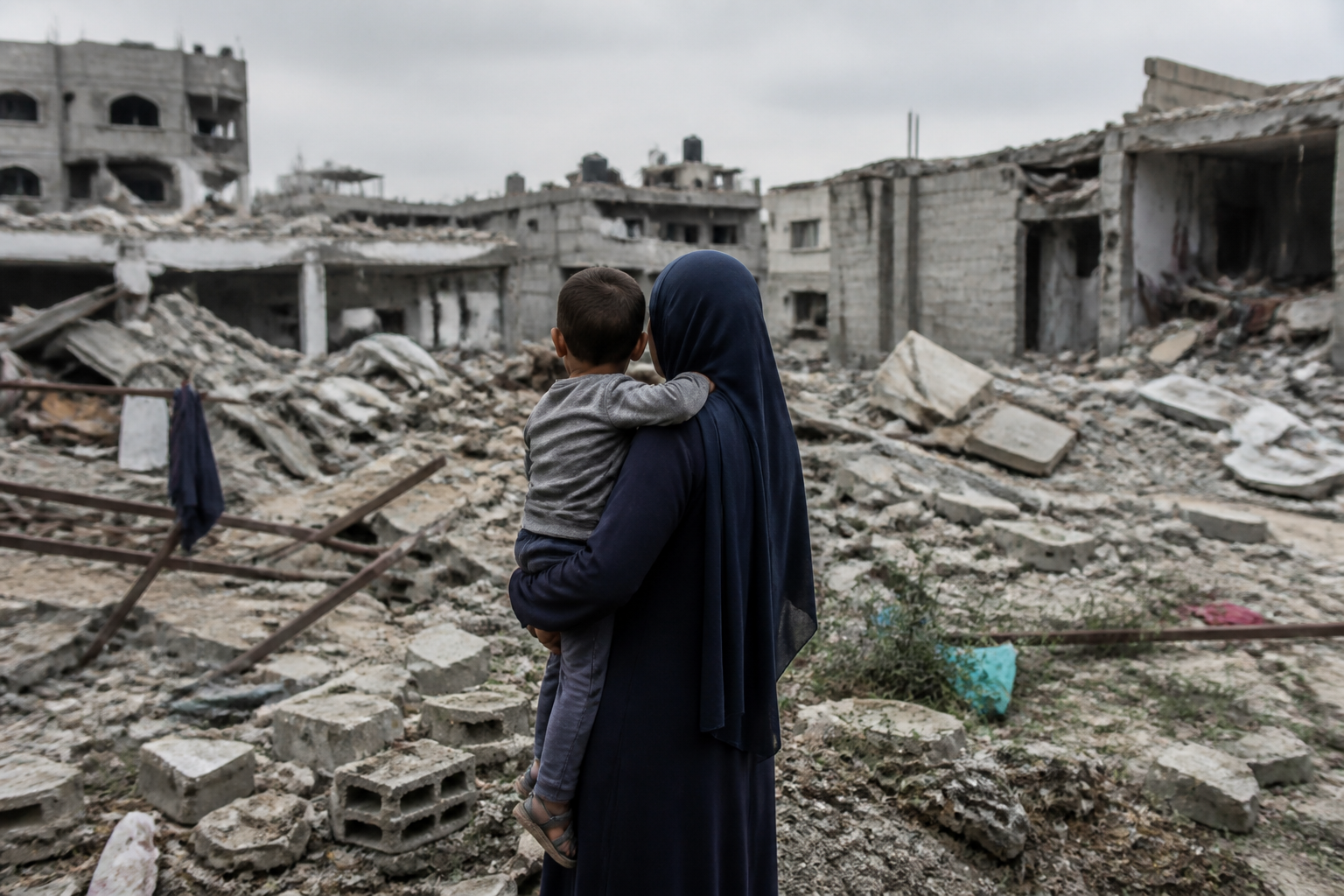 A woman in a hijab holds a child while standing amidst the rubble of destroyed buildings, representing the conflict and humanitarian challenges the US-Iran memorandum aims to address.