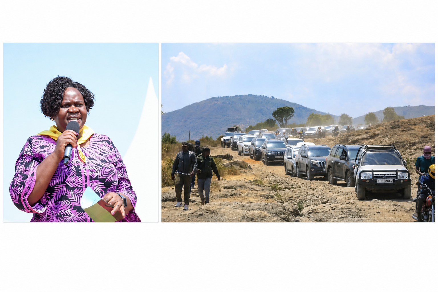 A long line of vehicles, mostly SUVs, navigate a dusty, unpaved road with hills in the background, suggesting a remote location relevant to the Homa Bay political rallies.